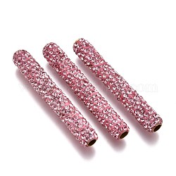 Tubo cuentas rhinestone arcilla polimérica, con fornituras de latón, rosa luz, 35~35.5x5~5.5mm, agujero: 2.5 mm