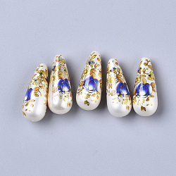 Perline in resina stampata, imitazione perla, lacrima con motivo floreale, blu, 32x13mm, Foro: 1.5 mm