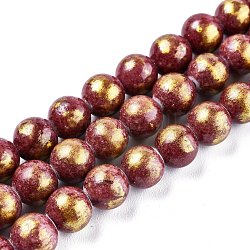 Chapelets de perles de jade naturel, une feuille d'or, teinte, ronde, brun, 8mm, Trou: 1mm, Environ 50 pcs/chapelet, 15.75 pouce (40 cm)