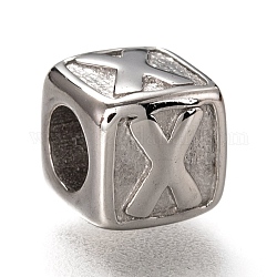 304 Stainless Steel European Beads, Large Hole Beads, Horizontal Hole, Cube with Letter, Stainless Steel Color, Letter.X, 8x8x8mm, Hole: 4.5mm