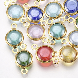 Handmade Lampwork Links connectors, with 304 Stainless Steel Findings, Flat Round, Golden, Mixed Color, 12x7x3mm, Hole: 1.5mm