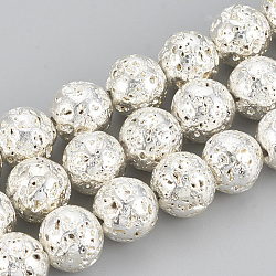 Electroplated Natural Lava Rock Beads Strands, Round, Bumpy, Silver Plated, 6~7mm, Hole: 1mm, about 61pcs/strand, 15.7 inch