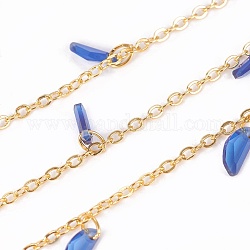 Handmade Glass Beaded Chains, with Brass Cable Chains, Long-Lasting Plated, Soldered, with Spool, Royal Blue, 1.4mm, Charm: 7x3x1mm, about 16.4 Feet(5m)/roll