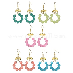 Imitation Jade Glass Beaded Ring Dangle Earrings, Golden Alloy Bowknot Long Drop Earrings, Mixed Color, 63x32mm