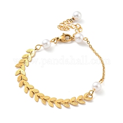 Acrylic Pearl Round Beaded Bracelet with Cob Chains, Vacuum Plating 304 Stainless Steel Jewelry for Women, Golden, 6-1/4 inch(16cm)
