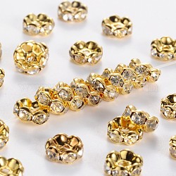 Perline distanziatori strass in ottone, grado a, bordo ondulato, colore metallico oro, rondelle, cirstallo, 8x3.8mm, Foro: 1 mm