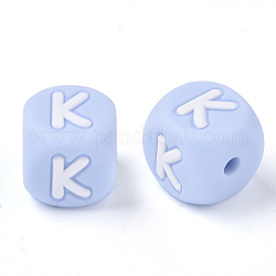 Food Grade Eco-Friendly Silicone Beads, Horizontal Hole, Chewing Beads For Teethers, DIY Nursing Necklaces Making, Letter Style, Cube, Light Sky Blue, Letter.K, 10x10x10mm, Hole: 2mm
