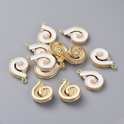 Ciondoli smaltato in ottone, con la perla acrilico e strass, forma conchiglia, vero placcato oro 18k, bianco, 16.5x11x4.4mm, Foro: 1 mm
