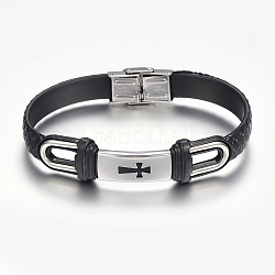 Bracelets cordon tressé en cuir PU, avec accessoire en 304 acier inoxydable, rectangle avec la croix, noir, 230mm, 10~16x2.5~8.5mm