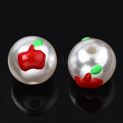 Abalorios de imitación de plástico ABS, con esmalte, redondo con manzana, de color rojo oscuro, 12x11mm, agujero: 2 mm