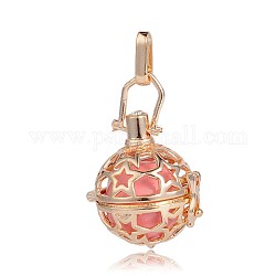 Vergoldete Messinghohlkäfig Anhänger, ohne Loch lackiert Messing runde Perlen, rosa, 35x25x21 mm, Bohrung: 3 mm