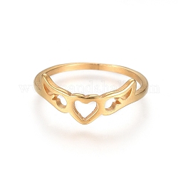 Revestimiento iónico (ip) 304 anillas de acero inoxidable, corazón con alas, dorado, tamaño de 5~8, 15~18mm