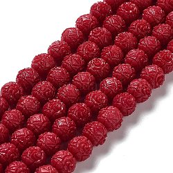 Chapelets de perles en corail synthétique, teinte, perles rondes sculpté de fleurs rose, rouge foncé, 8mm, Trou: 1mm, Environ 52 pcs/chapelet, 15.74 pouce