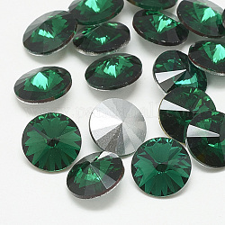Cabochons en verre avec strass de dos avec point, rivoli strass, dos plaqué, facette, cône, med.emerald, 6x3mm
