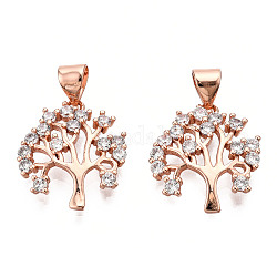 Brass Micro Pave Cubic Zirconia Pendants, Tree of Life, Clear, Rose Gold, 18x15.5x2.5mm, Hole: 3.5x4.5mm