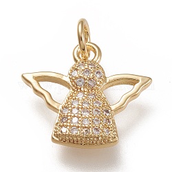 Brass Micro Pave Clear Cubic  Zirconia Pendants, with Jump Rings, Angel, Real 18K Gold Plated, 14x16x2.5mm, Jump Ring: 5x1mm, 3mm Inner Diameter