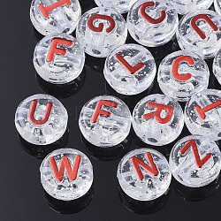 Plating Transparent Acrylic Beads, with Glitter Powder, Metal Enlaced, Horizontal Hole, Flat Round with Letter, Red, 10x6mm, Hole: 1.8mm, about 1580pcs/500g