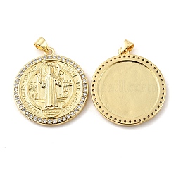 Rack Plating Brass Micro Pave Cubic Zirconia Pendants, Cadmium Free & Lead Free, Long-Lasting Plated, Flat Round with Saint Benedict Charm, Religion Theme, Real 18K Gold Plated, 30x27x2.5mm, Hole: 4.2x3.4mm