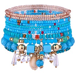 11pcs ensemble de bracelets extensibles de perles de rocaille boho, bracelets empilables multicouches, bracelets de surfeurs à breloques en perles de coquillages colorés pour femmes, bleu, diamètre intérieur: 1-3/4~2-1/8 pouce (4.5~5.5 cm)