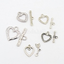 Tibetan Style Heart Toggle Clasps, Mixed Style, Antique Silver, Heart: 14~27x12~24x1~2mm, Hole: 2~4.5mm, Bar: 19~32x6.5~10.5x2.5mm, Hole: 1.8~5mm