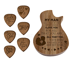 Gitarrenförmige hölzerne Gitarrenplektrenbox, mit 6 Stück Traingle Holz-Plektren, Liebhaber Muster, 32x27x2.5 mm, 6 Stück / Set