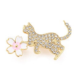 Alloy Rhinestone Brooches, Cat with Sakura Enamel Pins for Women, Golden, 25x39x2mm