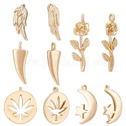 BENECREAT 10Pcs 5 Style Brass Charms, Flat Round with Hemp Leaf & Horn & Wing & Flower, Nickel Free, Real 18K Gold Plated, 12~20.5x5~10.5x1~3mm, Hole: 1mm, 2pcs/style