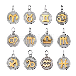 316 Stainless Steel Pendants, Flat Round with Horoscope/Twelve Constellation/Zodiac Sign, Golden & Stainless Steel Color, 26x18x3mm, Hole: 5mm, 12pcs/set