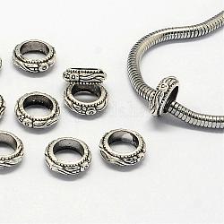 Abalorios de aleación de estilo tibetano, Abalorios de grande agujero, anillo, plata antigua, 11x4mm, agujero: 7 mm