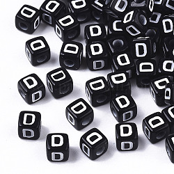 不透明なアクリルビーズ  水平穴  アルファベットスタイル  キューブ  ブラック＆ホワイト  文字.d  5x5x5mm  穴：2mm  約500個/50g