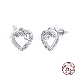 Rhodium Plated 925 Sterling Silver Heart Stud Earrings, with Clear Cubic Zirconia, with S925 Stamp, Real Platinum Plated, 9x9.5mm