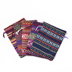 エスニックスタイルのコットンパッキングポーチバッグ  巾着袋  ランダムカラードローストリングコード付き  長方形  ミックスカラー  13~14x9.8~10cm