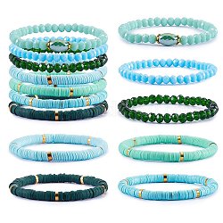 7 pièces 7 style fait à la main en argile polymère heishi surfeur ensemble de bracelets extensibles, bracelets de perles de verre, bracelets preppy empilables pour femmes, vert printanier, diamètre intérieur: 2-1/8 pouce (5.3 cm), 1pc / style