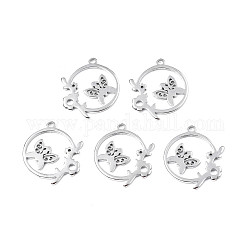 201 Stainless Steel Connector Charms, Laser Cut, Ring with Butterfly and Leaf, Stainless Steel Color, 25x21.5x1.5mm, Hole: 2mm