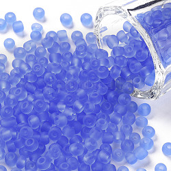 (servicio de reempaquetado disponible) perlas de vidrio, colores esmerilado, redondo, azul aciano, 6/0, 4mm, agujero: 1~1.5 mm, aproximamente 12 g / bolsa