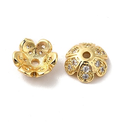 Brass Micro Pave Cubic Zirconia Bead Cap, 6-Petal Flower, Real 18K Gold Plated, 8x3mm, Hole: 1.2mm