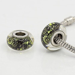 Glass European Beads, Large Hole Beads, with Platinum Color Brass Double Cores, Rondelle with Pattern, Black, 14~14.5x8mm, Hole: 5mm