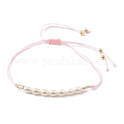 Bracelets réglables de perles tressées avec cordon en nylon, avec perles de culture d'eau douce naturelles et perles en laiton plaqué or, rose, diamètre intérieur: 1/2 pouce ~ 3-3/4 pouces (1.4~9.5 cm)