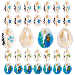 SUNNYCLUE 1 Box 40Pcs 2 Style Sea Turtle Printed Cowrie Shell Beads No Hole Believe Pattern Spiral Seashells Oval Ocean Beach Charms for Earring Necklace Bracelet Jewellery Making Home Decoration