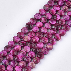 Natural Tiger Eye Beads Strands, Dyed, Faceted, Flat Round, Medium Violet Red, 8~8.5x5.5mm, Hole: 1.2mm, about 46~47pcs/strand, 14.9''~15.1''