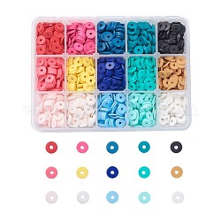 15 Colors Eco-Friendly Handmade Polymer Clay Beads, Disc/Flat Round, Heishi Beads, Mixed Color, 8x0.5~1mm, Hole: 2mm, 15colors, about 133~140pcs/color, 1995~2100pcs/box