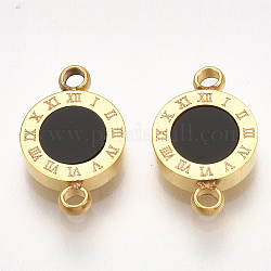 イオンプレーティング（ip）304ステンレス鋼リンクコネクター  アクリルと  ローマ数字とフラットラウンド  ゴールドカラー  ブラック  13x8x2mm  穴：1.4mm