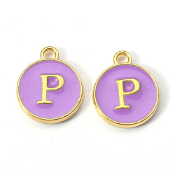 Golden Plated Alloy Enamel Charms, Enamelled Sequins, Flat Round with Letter, Medium Purple, Letter.P, 14x12x2mm, Hole: 1.5mm