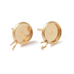 304 Stainless Steel Stud Earring Settings, with Loop, Flat Round, Golden, Tray: 8mm, 12.5x10x2mm, Hole: 2mm, Pin: 0.8mm
