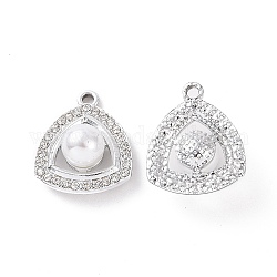 Pendenti strass in lega, con abs imitazione perla, ciondoli triangolari color platino, cirstallo, 21.5x18x9mm, Foro: 2 mm