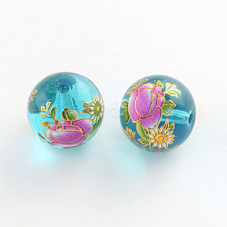 Flower Picture Transparent Glass Round Beads, with Gold Metal Enlaced, Hot Pink, 14x13mm, Hole: 1.5mm