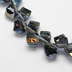 Half Plated Glass Cube Beads Strands, Faceted, Platinum Plated, 8x8x8mm, Hole: 1mm, about 79pcs/strand, 18.1inch
