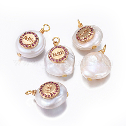 Pendentifs de perles d'eau douce de culture naturelle, pendentifs à message inspirant, avec accessoires zircon cubique micro pave en laiton, pépites avec rond plat, avec le mot foi, or, rose foncé, 17~26x11~16x5~11mm, Trou: 1.6~2mm