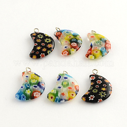 Handmade Millefiori Glass Pendants, with Platinum Tone Iron Findings, Moon, Mixed Color, 24x15x4mm, Hole: 2mm