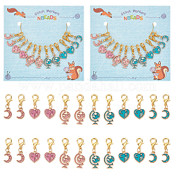 Globe & Moon & Heart Pendant Stitch Markers, Alloy Enamel Crochet Lobster Clasp Charms, Locking Stitch Marker with Wine Glass Charm Ring, Mixed Color, 2.5~3cm, 6 style, 2pcs/style, 12pcs/set